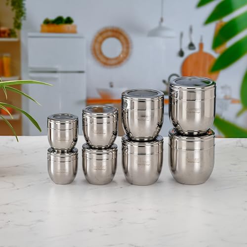 Image of Sumeet Stainless Steel Conical Shape Canisters /Dabba /Storage Containers for Kitchen with See Through Lid, Set of 8 Pcs, (150ml-6cm Dia-2Pc, 250ml-7cm Dia-2Pc, 400ml-8.5cm 2Pc, 500ml-9cm 2Pc)- Silver