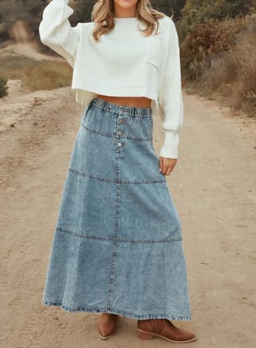 chouyatou Women's Vintage A-Line Maxi Denim Skirt Elastic High Waist Cowgirl Long Jean Tiered Skirt4