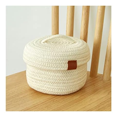BSMstone Small Storage Basket-Natural Cotton Rope Woven Baskets for Organizing Cute Basket for Home Decor,Bedside Bathroom Organization Bin (White with Lid)… Cover