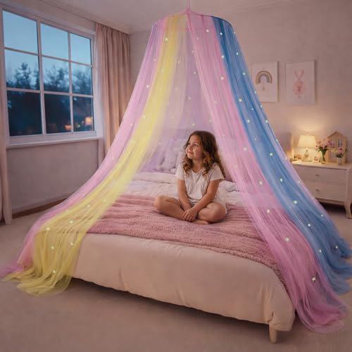 Bollepo Bed Canopy for Girls with Glowing Stars - Canopy Bed Curtains | Fits Single Twin Full Queen Size Kids - Princess Bed Canopy | Rainbow Bedroom Accessories Netting Room Decor Ceiling Tent