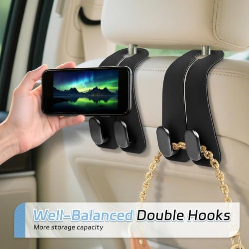 Image of Car Hooks for Headrest, 2Pcs Seat Back Storage Hook Luxurious Leather Multifunctional Car Hanger & Holder for Heatrest, Seat, Bag, Purse Black (Pack of 2)