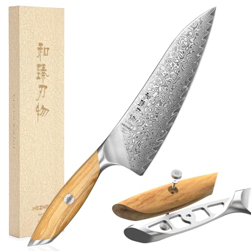 Hezhen Cuchillo De Cocina Damasco, 21cm Cuchillo Chef De Acero Damasco De 73 Capas, Cuchillo De Cocinero Profesional Mango De Madera De Olivo Hezhen Cuchillo De Cocina Damasco, 21cm Cuchillo Chef De Acero Damasco De 73 Capas, Cuchillo De Cocinero Profesional Mango De Madera De Olivo