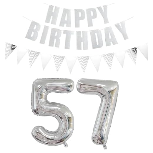 Globos con número 57 de plata + guirnalda de feliz cumpleaños + pancarta globo de papel de aluminio, 57 cumpleaños, decoración para mujer, hombre