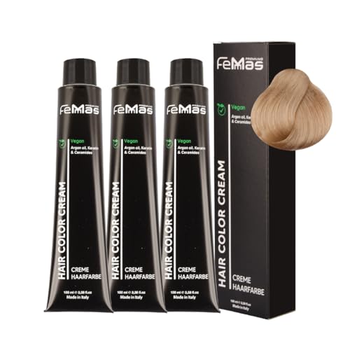 FemMas Haarfarbe 3x Lichtblond Sand 9.7 I Creme Haarfarbe mit Arganöl, Keratin & Ceramiden I Als dauerhafte Haarfärbung oder Tönung für strahlende, haltbare Farbergebnisse I 100 ml