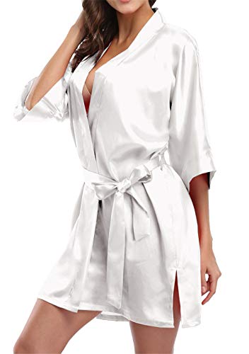 Giova Pure Color Satin Short Silky Bathrobe Sleepwear Nightgown Pajama,Cream White,Medium