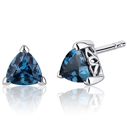 Peora London Blue Topaz Stud Earrings 925 Sterling Silver, Solitaire Scroll Gallery, 1.50 Carats Total, Trillion Cut, 6mm, Friction Back, December Birthstone Earrings, Blue Studs