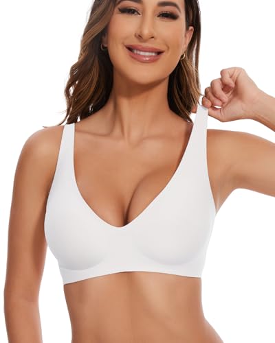 Vinfact Deep V Bras for Women No Underwire Buttery Soft Wireless Bras Light Lift Soft Seamless Bralettes White,XXL
