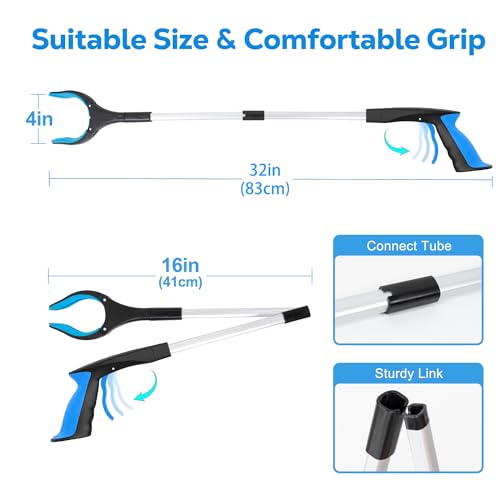 Image of Grabber Reacher Tool - 32 inch Extra Long Foldable Gripper and Reaching Tool - Heavy Duty Pick Up Stick Grabbers for Seniors, Trash, Surgery Recovery Must Haves Gifts (Blue+Orange 2P)