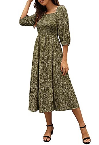 Annebouti Women Square Neck 3 4 Long Sleeve Tiered Leopard Midi Smocked Dress Army Green