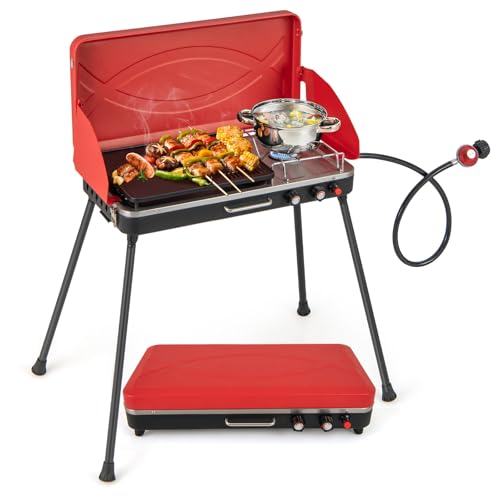 Giantex Portable Propane Grill & Camping Stove, 20,000 BTU Gas Camping Grill Burner, Independent Temperature Control, 3-Sided Wind Guard, Detachable Legs, for BBQ, Tailgating, Outdoor Cooking (Red)