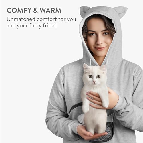 HOMELEVEL Hoodie Pullover mit Katzentasche - Niedlicher Pulli mit Hundetasche - Katzen Hoodie mit Haustier Tasche - Katzenpullover mit Beutel für kleine Haustiere