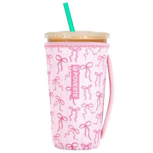 Image of Reusable Neoprene Insulator Sleeve for Iced Coffee & Cold Soda, Coffee Sleeves for Iced & Hot Drinks, Cold Beverage Cooler Compatible with Starbucks, Dunkin (Pink Bow Charm, Large: 32oz)