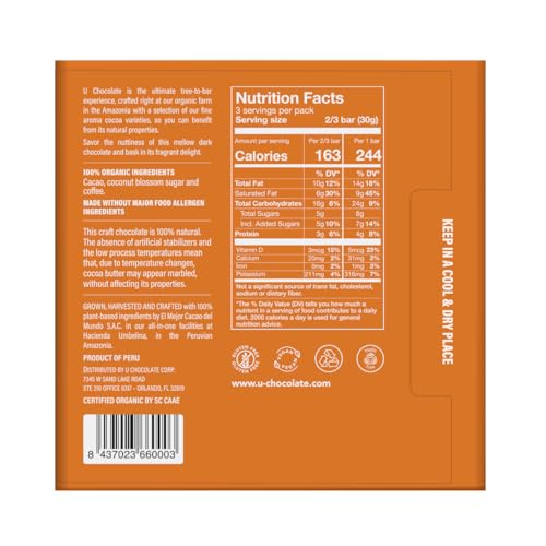 U Organic Dark Chocolate Bars Coffee - 10 X 1.58 Ounce - 600mg Cocoa Natural Flavanols-78% - Vegan - Paleo - Keto - Allergen Free - Gift Box -New Edition