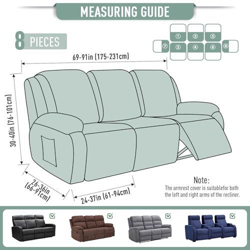 Image of TAOCOCO Recliner Sofa Covers 8-Pieces Stretch Large Couch Covers for 3 Seats Reclining Slipcovers Soft Jacquard Pattern Furniture Protector (Sage Green)