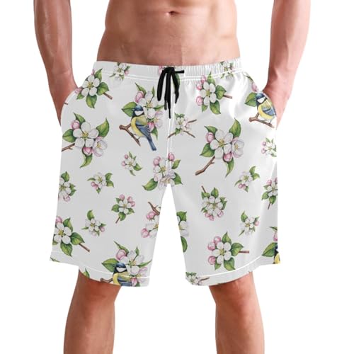 Pfrewn Mens Swim Trunks Blooming Apple Tree Flowers Bird Quick Dry Swim Shorts with Pockets Swimwear 9 Inch S
