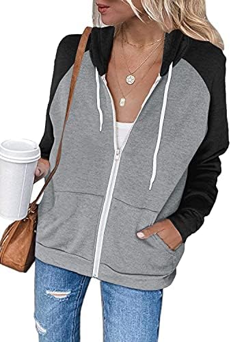 INFITTY Women's Casual Color Block Long Sleeve Zip Up Hooded Sweatshirt Lightweight Hoodies Jacket with Pocket Black S