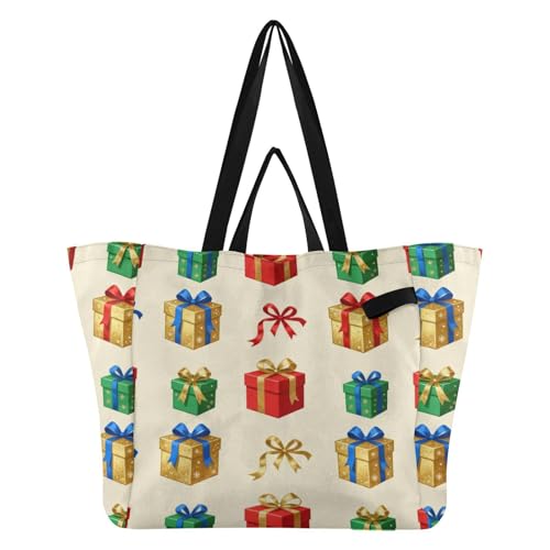 Bolsas grandes de lona impermeables para cocina, bolsas de compras casuales para hombres, viajes, compras, fin de semana, caja de regalo de Navidad, patrón de cinta