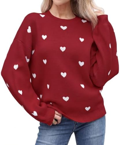 Pullover Damen Herzmuster Strickpullover Rundhals Locker Langarm Pulli | Weicher Strick Herzmuster Lockerer Schnitt Rundhals Ballonärmel Bequem Vielseitig für Alltag Freizeit Büro