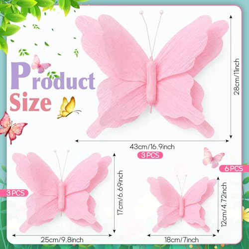 Jaloro 12 Pcs Giant Paper Butterfly Party Decoration 3D Pastel Big Butterfly Hanging Ornament 17" 10" 7" Large Mariposas Grandes para Decor for Wedding Baby Shower Birthday Party(Pink)
