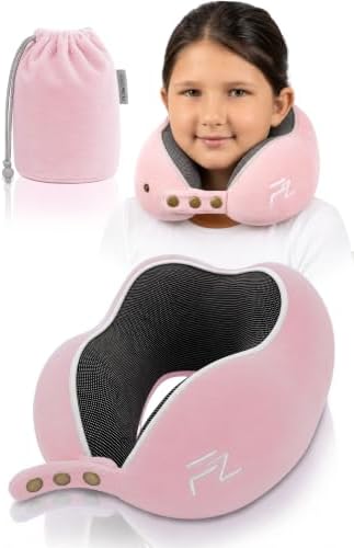 FLOWZOOM Nackenkissen für Kinder ab 6 Jahre - einstellbares Memoryschaum Kinder-Schlafkissen für Auto mit weichem, atmungsaktivem & waschbarem Bezug - inkl. Beutel - Rosa, Größe M