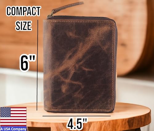 Passport Wallet - Travel Document Holder w/RFID Blocking – Full Grain Leather – Bifold compact zip around Wallet with Credit Card Slots for Women and Men,distressed brown,500-303