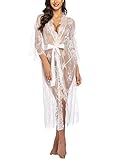 Avidlove Damen Dessous Sexy Reizwäsche Kleid Negligee Lang Kimono Spitze Unterwäsche Transparente Robe Set Cardigan mit Gürtel und Tanga Bikini Cover up Weiß M