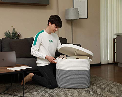 22”X14”X18” Rectangular Extra Large Storage Basket With Lid, Cotton Rope Storage Baskets, Laundry Hamper, Toy Bin, For Toys Blankets Storage In Living Room, Baby Nursery, Grey Basket With Lid #TOP5