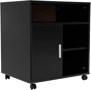 Mobile Office File Cabinet, Lateral Stationery Storage Cabinet, 3 Open 2 Closed Storage Shelves Printer Stand with Wheels For Home Office (Black)