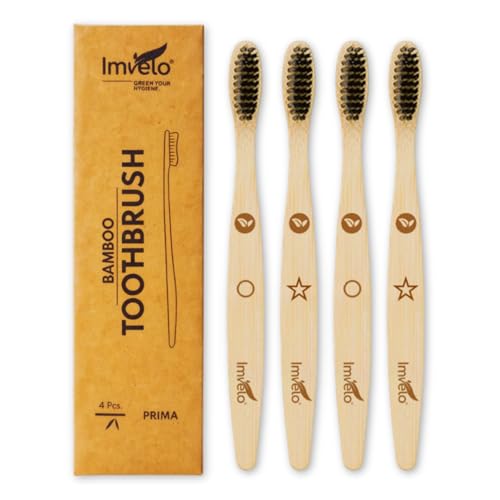 Bamboo Toothbrush | Adult, Pack Of 4 | Charcoal Activated | Soft Bristles Brush Toothbrush| Natural & Ecofriendly Oral Care | Biodegradable Wooden Man