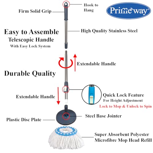 Image of Primeway Stainless Steel Handle Stick Rod with 2 Microfibre Refills 38cm 115g | Floor Mopping Replacement Set for Bucket Mop Sets | 124cm | Grey
