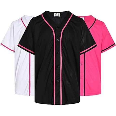 Pullonsy Pack of 3 Blank Baseball Jersey for Men Women College Button Down Shirts School Team Classic Sports Uniform Clothing Black/White/Pink Jersey,Men's Size Small Cover