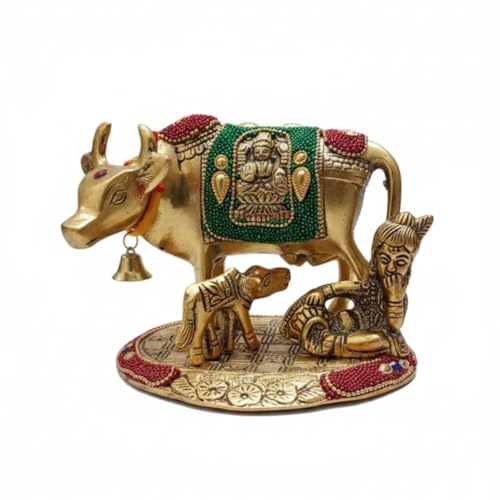 Image of Kalakriti Kamdhenu Cow and Calf Idol with Laddu Gopal| Gold Plated Decorative Statue for Home Temple | Religious Showpiece for Pooja Room |Traditional Hindu Spiritual Decor Gift (15x13x13 cm)
