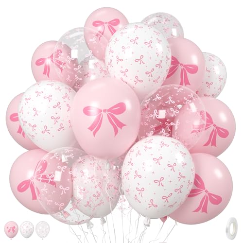 Image of Pink Bow Balloons, 35PCS Light Pastel Pink Clear White Bow Latex Balloon for Girls Women Wedding Bridal Baby Shower Bachelorette Engagement Princess Coquette Birthday Theme Party Decorations Supplies