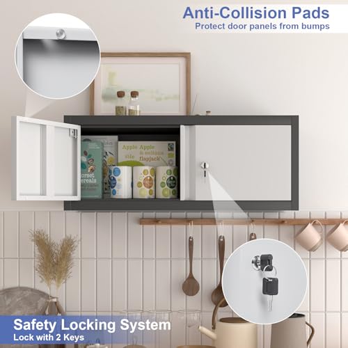 Image of Metal Garage Storage Cabinet, Locking Cabinet Wall Mounted, 13 inch H Floating Cabinet for Warehouse, Upper Tool Cabinet for Home Office, Basement, Kitchen, RV Organization