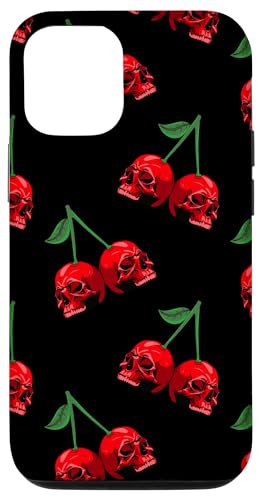 iPhone 12/12 Pro Cute Cherry Skull Pattern Red Scary Skulls Black Background Case