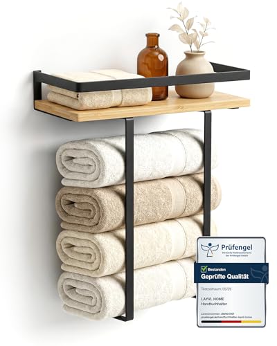 LAYVL HOME Handtuchhalter Bambus mit schwarzen Metallrahmen 40x14x42cm Handtuchregal mit modernem Design Metall Holz Wandmontage Handtuchhalterung Badezimmer Zubehör Möbel (Naturbeige)