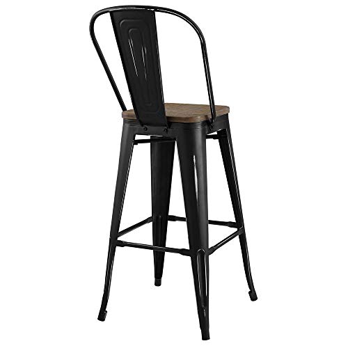 Modway Promenade Industrial Modern Steel Bistro Bamboo Seat In Black, Metal Bar Side Stool #TOP4