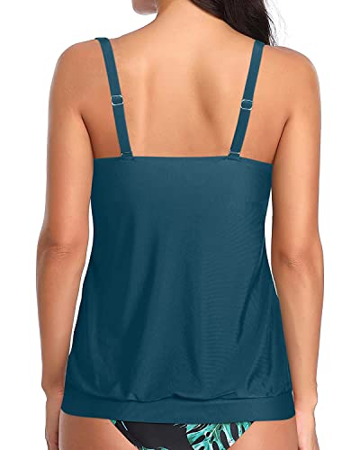 Yonique Womens Blouson Tankini Top No Bottom Blue Green Loose Fit Swim Suit Top L #TOP1