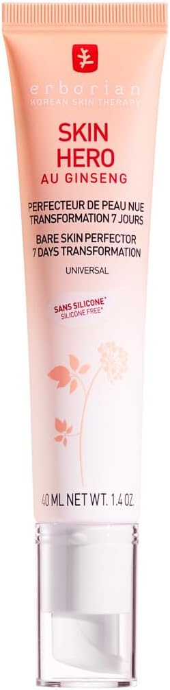 Erborian Skin Hero au Ginseng Blanc – Soin Visage Non Teinté Perfecteur de Peau Nue en 7 Jours avec Acide Hyaluronique – Soin Cosmetique Coréen pour Visage – Skin Hero – 15 ml
