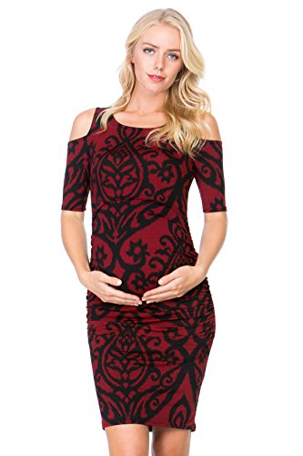 My Bump Women's Cold Shoulder Fitted Maternity Dress W/Side Ruched (Medium, Burgundy/BLK DM)