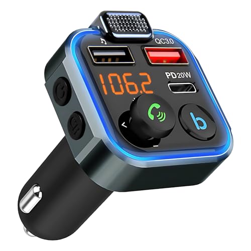 Bluetooth 5.0 FM Transmitter Car Wireless Radio Adapter PD20W QC3.0 Fast Charge with 3 Charging Ports Support U Disk LED Display Strong Mics Bass Lossless HiFi Sound Hands-Free Calling Siri Assistant