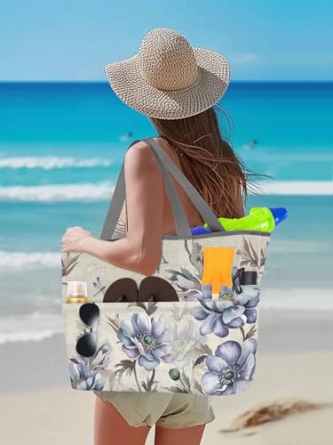 Mesh Beach Bag Oversized Tote Bags for Women Country Blue Flower Farm Floral Plant Large Travel Pool Bags with 8 Pockets3