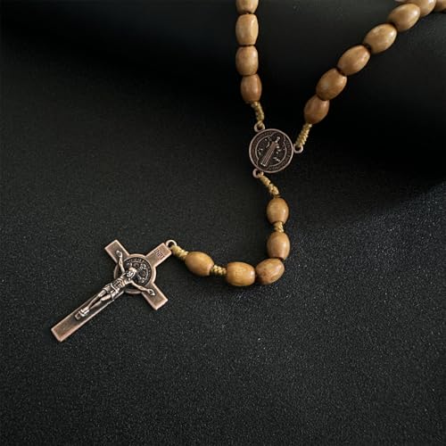 Image of Bovemee Saint Benedict Medal Prayer Pocket Rosary Catholic Brown Wood Beads with Medalla de san benitol and Crucifix, 9 Inch