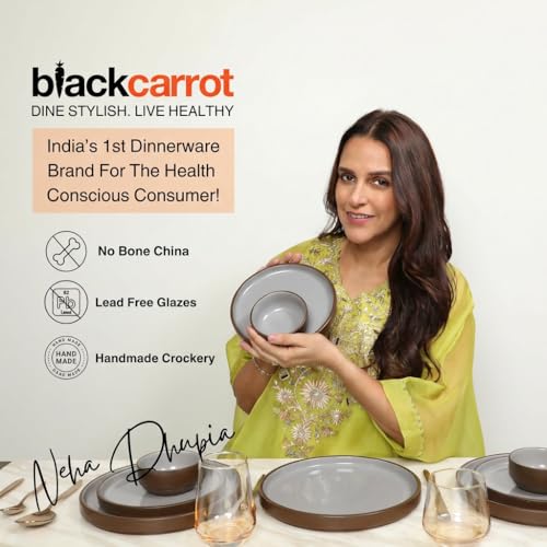 Image of BlackCarrot Ceramic Modern Dinner Set, 12 Pcs, Brown | Crockery Set | Ceramic Plate Set | Glossy Finish | Plates and Bowls (Black Carrot Brown Stoneware, 12 Piece), Bone China Free