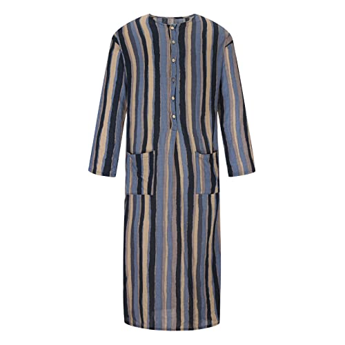 Men's Striped Robe Button Up Long Sleeve Kaftan Thobe Splits Long Gown Casual Shirt Ramadan Mosque Madrasa Outfits2