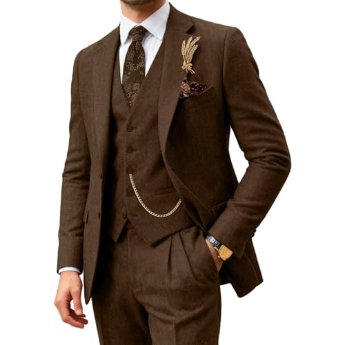 Mens Tweed Herringbone Suit Vintage Tailored Modern Fit Suit 3