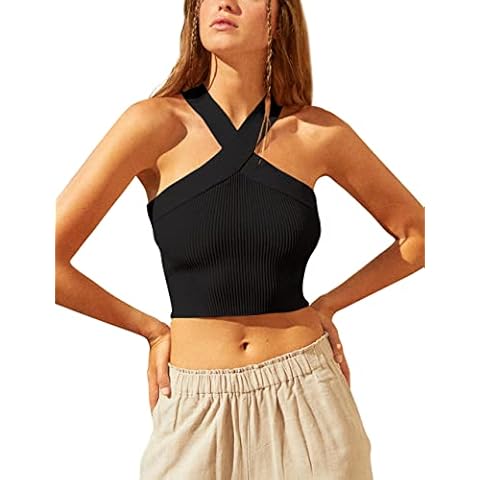 SAFRISIOR Women Crisscross Halter Crop Top Sleeveless Backless Solid Ribbed Knit Cropped Tank Cami Vest Top, Black, Small Cover