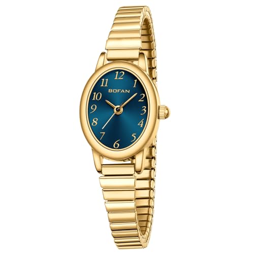 BOFAN Small Gold Watches for Women Easy Read Ladies Quartz Wrist Watch with Stainless Steel Expansion Band Blue Dial Waterproof.6.10in-6.89in