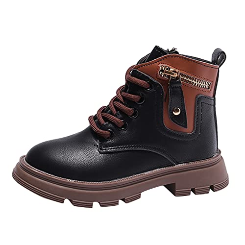 Girls Lace Up Ankle Boots, Girls Leather Shoes Waterproof Leather Short Boots Non Slip Breathable Nude Snow Boots (Black, 11-11.5 Years Big Kids)