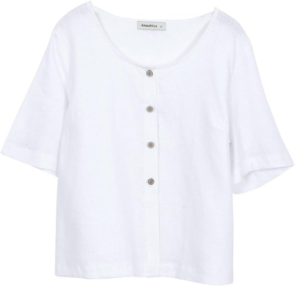 Amazhiyu Women's 100% Linen Square Neck Blouse Short Sleeve Button Down Crop Tops